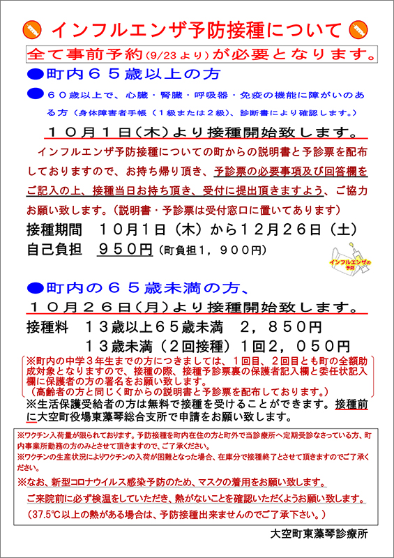2020年度インフルエンザ予防接種について