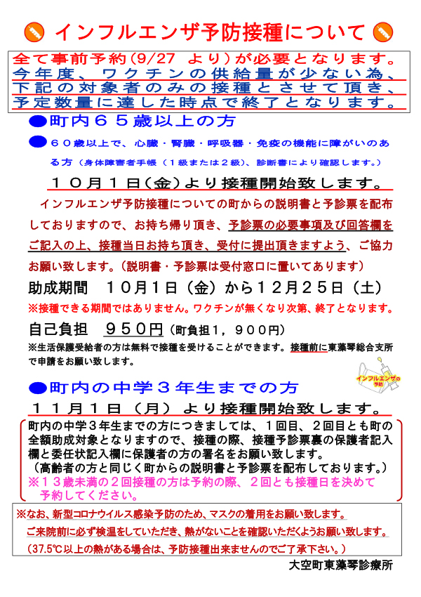 ２０２１年度インフルエンザ予防接種について